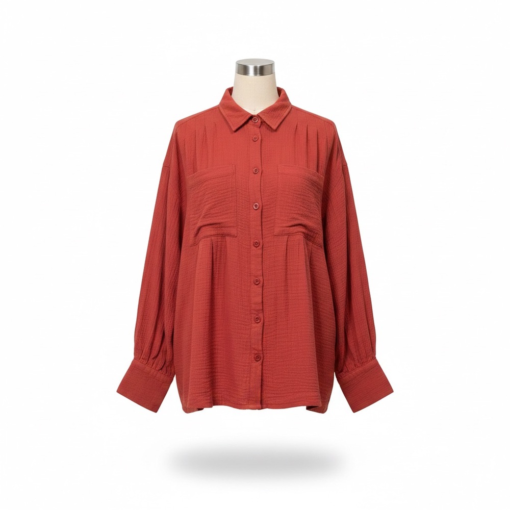 Listicle Brick Red Button-Down Cotton Textured Blouse Size Large